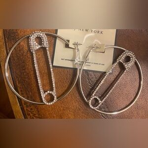 Silver & Crystal or Gold & Crystal Safety Pin Lg Hoop Earrings
